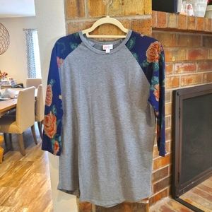 LulaRoe Randy Baseball Tee Rose Print Sleeve NWOT